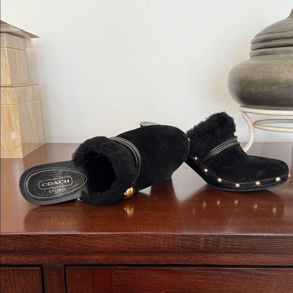 Coach Black Fur-Lined Mules with Gold Accents